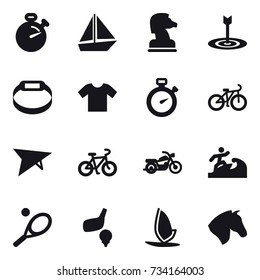 16 vector icon set : stopwatch, boat, chess horse, target, smart bracelet, t-shirt, bike, deltaplane, motorcycle, surfer, tennis, golf, windsurfing, horse