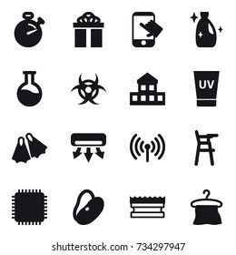 16 vector icon set : stopwatch, gift, touch, cleanser, cottage, uv cream, flippers, air conditioning, wireless, Chair for babies, sponge, hanger