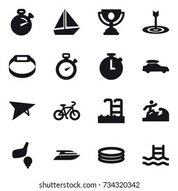 16 vector icon set : stopwatch, boat, trophy, target, smart bracelet, car baggage, deltaplane, bike, pool, surfer, golf, yacht, inflatable pool