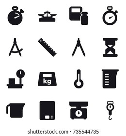 16 vector icon set : stopwatch, scales, scales weight, draw compass, ruler, drawing compass, thermometer, measuring cup, kitchen scales, handle scales