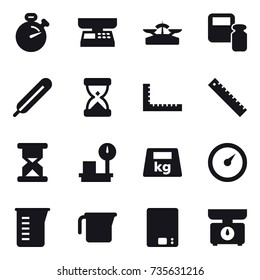 16 vector icon set : stopwatch, market scales, scales, scales weight, ruler, barometer, measuring cup, kitchen scales