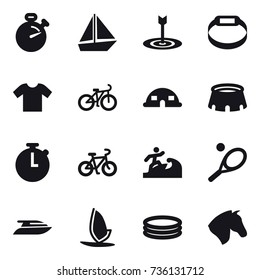 16 vector icon set : stopwatch, boat, target, smart bracelet, t-shirt, bike, dome house, stadium, surfer, tennis, yacht, windsurfing, inflatable pool, horse