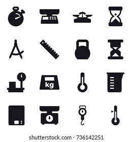16 vector icon set : stopwatch, market scales, scales, draw compass, ruler, thermometer, measuring cup, kitchen scales, handle scales