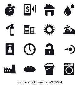16 vector icon set : stopwatch, mobile pay, home, district, sun, surfer, identity card, watch, unlocked, factory, bread, foam bucket, washing machine