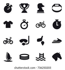 16 vector icon set : stopwatch, trophy, chess horse, smart bracelet, t-shirt, bike, diving mask, golf, jet ski, windsurfing, inflatable pool, pool, horse