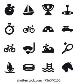 16 vector icon set : stopwatch, boat, trophy, target, bike, dome house, car baggage, diving mask, surfer, tennis, windsurfing, inflatable pool, pool, horse