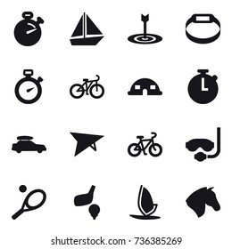 16 vector icon set : stopwatch, boat, target, smart bracelet, bike, dome house, car baggage, deltaplane, diving mask, tennis, golf, windsurfing, horse