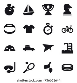 16 vector icon set : stopwatch, boat, trophy, chess horse, smart bracelet, t-shirt, bike, dome house, car baggage, deltaplane, pool, diving mask, tennis, golf, inflatable pool