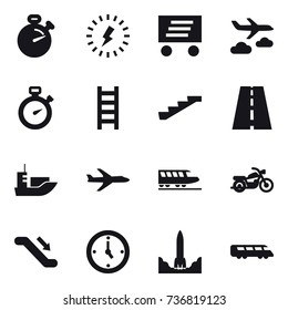 16 vector icon set : stopwatch, lightning, delivery, journey, stairs, plane, train, motorcycle, escalator, watch