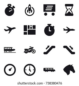 16 vector icon set : stopwatch, rocket, delivery, plane, train, motorcycle, escalator, barometer, watch, horse