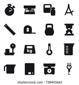 16 vector icon set : stopwatch, market scales, scales weight, draw compass, ruler, measuring tape, thermometer, measuring cup, kitchen scales, handle scales
