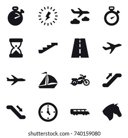 16 vector icon set : stopwatch, lightning, journey, stairs, plane, sail boat, motorcycle, escalator, watch, horse