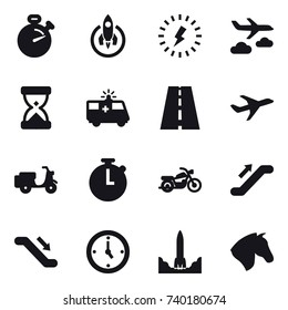 16 vector icon set : stopwatch, rocket, lightning, journey, motorcycle, escalator, watch, horse