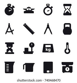 16 vector icon set : stopwatch, scales, draw compass, ruler, drawing compass, thermometer, measuring cup, kitchen scales