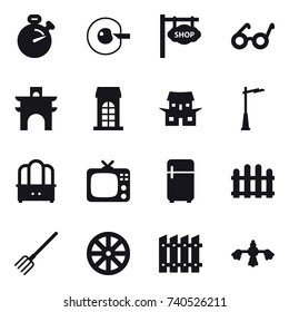 16 vector icon set : stopwatch, cell corection, shop signboard, arch, building, japanese house, outdoor light, dresser, tv, fridge, fence, fork, wheel, hard reach place cleaning