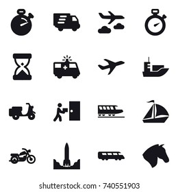16 vector icon set : stopwatch, delivery, journey, train, sail boat, motorcycle, horse