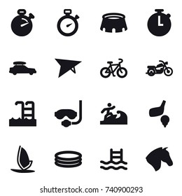 16 vector icon set : stopwatch, stadium, car baggage, deltaplane, bike, motorcycle, pool, diving mask, surfer, golf, windsurfing, inflatable pool, horse