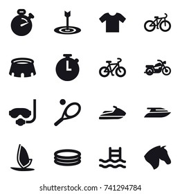 16 vector icon set : stopwatch, target, t-shirt, bike, stadium, motorcycle, diving mask, tennis, jet ski, yacht, windsurfing, inflatable pool, pool, horse