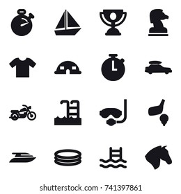 16 vector icon set : stopwatch, boat, trophy, chess horse, t-shirt, dome house, car baggage, motorcycle, pool, diving mask, golf, yacht, inflatable pool, horse