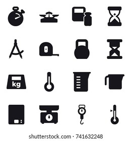 16 vector icon set : stopwatch, scales, scales weight, draw compass, measuring tape, thermometer, measuring cup, kitchen scales, handle scales