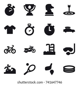 16 vector icon set : stopwatch, trophy, chess horse, target, t-shirt, car baggage, bike, motorcycle, pool, diving mask, surfer, tennis, golf, inflatable pool