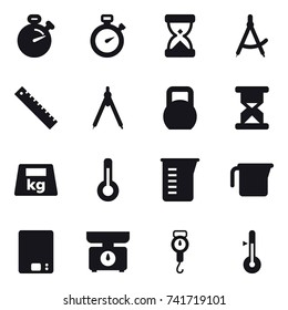 16 vector icon set : stopwatch, draw compass, ruler, drawing compass, thermometer, measuring cup, kitchen scales, handle scales