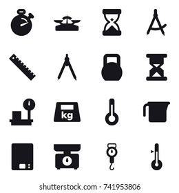 16 vector icon set : stopwatch, scales, draw compass, ruler, drawing compass, thermometer, measuring cup, kitchen scales, handle scales
