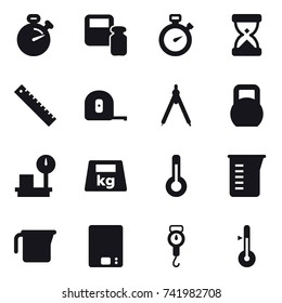 16 vector icon set : stopwatch, scales weight, ruler, measuring tape, drawing compass, thermometer, measuring cup, kitchen scales, handle scales