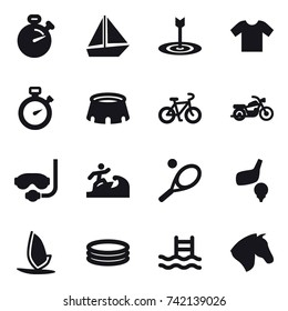 16 vector icon set : stopwatch, boat, target, t-shirt, stadium, bike, motorcycle, diving mask, surfer, tennis, golf, windsurfing, inflatable pool, pool, horse