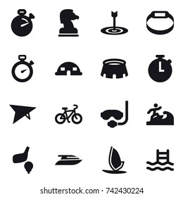 16 vector icon set : stopwatch, chess horse, target, smart bracelet, dome house, stadium, deltaplane, bike, diving mask, surfer, golf, yacht, windsurfing, pool