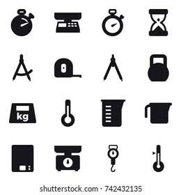 16 vector icon set : stopwatch, market scales, draw compass, measuring tape, drawing compass, thermometer, measuring cup, kitchen scales, handle scales