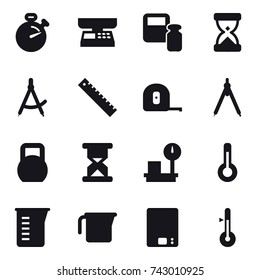 16 vector icon set : stopwatch, market scales, scales weight, draw compass, ruler, measuring tape, drawing compass, thermometer, measuring cup, kitchen scales