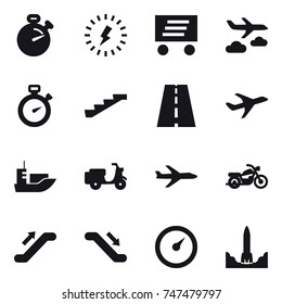 16 vector icon set : stopwatch, lightning, delivery, journey, stairs, plane, motorcycle, escalator, barometer