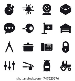 16 vector icon set : stopwatch, chip, web cam, box, ballon, garage, drawing compass, pan, garlic clasp, flour, tractor