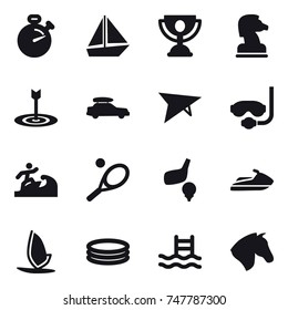 16 vector icon set : stopwatch, boat, trophy, chess horse, target, car baggage, deltaplane, diving mask, surfer, tennis, golf, jet ski, windsurfing, inflatable pool, pool, horse