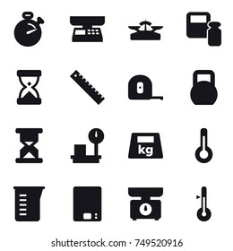 16 vector icon set : stopwatch, market scales, scales, scales weight, ruler, measuring tape, thermometer, measuring cup, kitchen scales