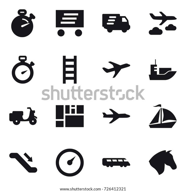16 vector icon set :\
stopwatch, delivery, journey, stairs, plane, sail boat, escalator,\
barometer, horse