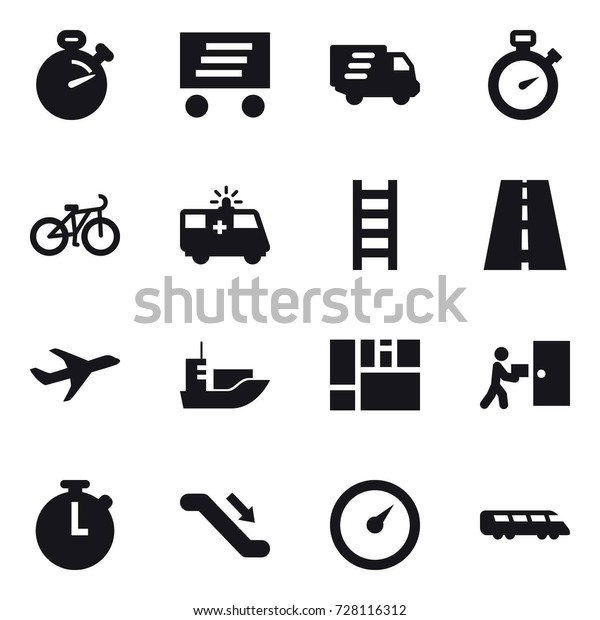 16 vector icon set : stopwatch, delivery, bike,\
stairs, escalator,\
barometer