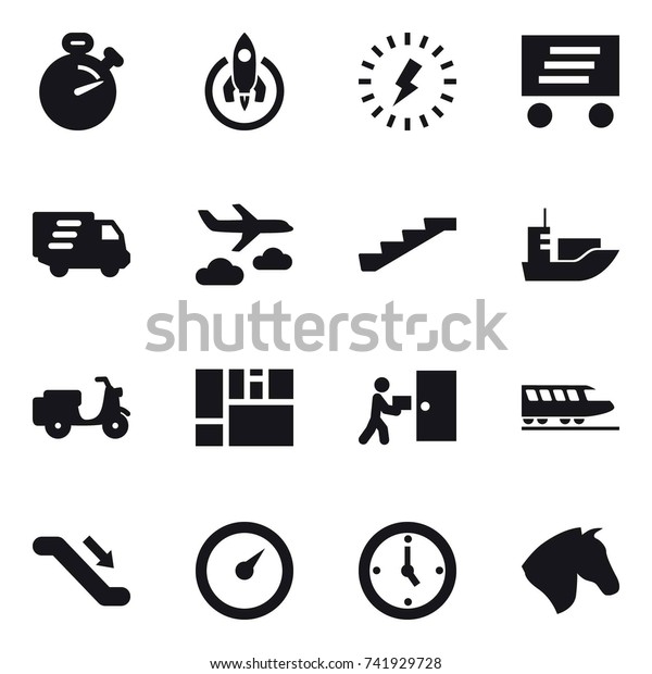 16\
vector icon set : stopwatch, rocket, lightning, delivery, journey,\
stairs, train, escalator, barometer, watch,\
horse