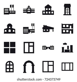 16 vector icon set : store, cottage, building, mansion, mall, house with garage, modular house, window, school, city, arch window, arch
