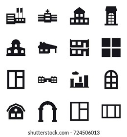 16 vector icon set : store, cottage, building, mansion, house with garage, modular house, window, school, city, arch window, house, arch