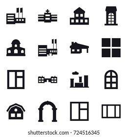 16 vector icon set : store, cottage, building, mansion, mall, house with garage, window, school, city, arch window, house, arch