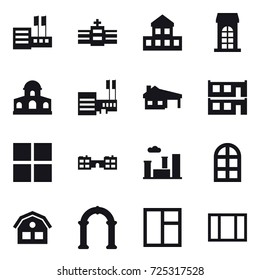 16 vector icon set : store, cottage, building, mansion, mall, house with garage, modular house, window, school, city, arch window, house, arch