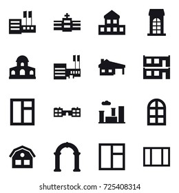 16 vector icon set : store, cottage, building, mansion, mall, house with garage, modular house, window, school, city, arch window, house, arch