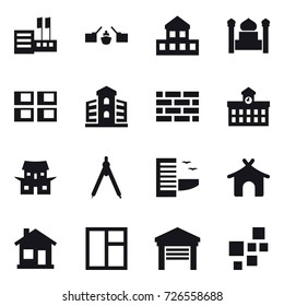 16 vector icon set : store, drawbridge, cottage, minaret, panel house, building, brick wall, university, japanese house, drawing compass, hotel, bungalow, home, window, garage