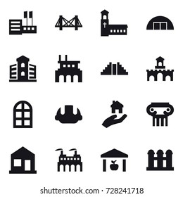 16 vector icon set : store, bridge, church, hangare, building, factory, pyramid, fort, arch window, building helmet, real estate, antique column, home, warehouse, grain elevator