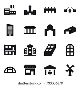 16 vector icon set : store, castle, bridge, drawbridge, skyscraper, airport building, minaret, warehouse, modular house, building, brick, arch window, greenhouse, shop, windmill