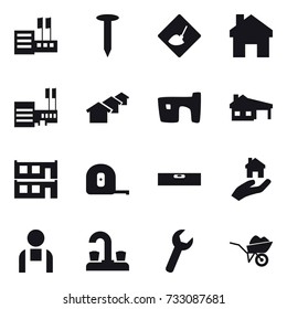 16 vector icon set : store, nail, under construction, home, mall, houses, slum, house with garage, modular house, measuring tape, level, real estate, water tap, wheelbarrow