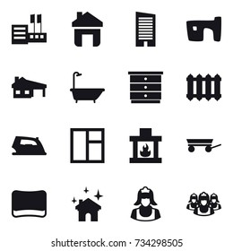 16 vector icon set : store, home, skyscraper, slum, house with garage, bath, chest of drawers, radiator, iron, window, fireplace, trailer, sponge, house cleaning, cleaner, outsource