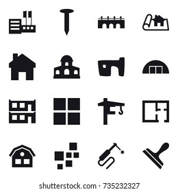 16 vector icon set : store, nail, bridge, project, home, mansion, slum, hangare, modular house, window, tower crane, plan, house, scraper